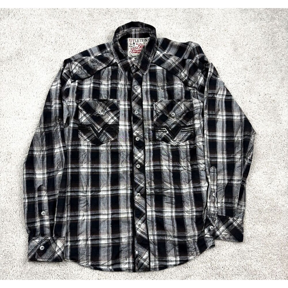Affliction Black Premium Mens XL Pearl Snap Western Shirt Plaid Cross Buckle